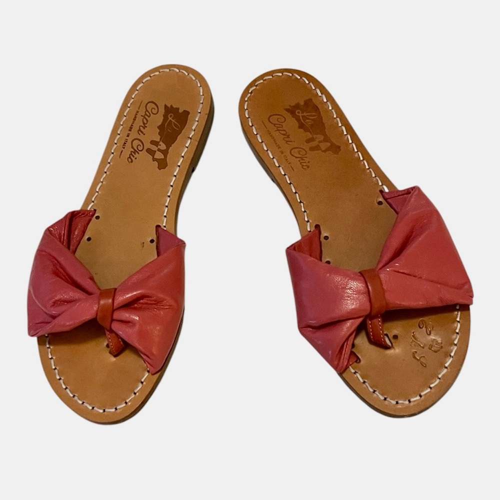 La Capri Coral Pink Leather Twist Bow Slide  Slip-On Flat Thong Sandals EU 39